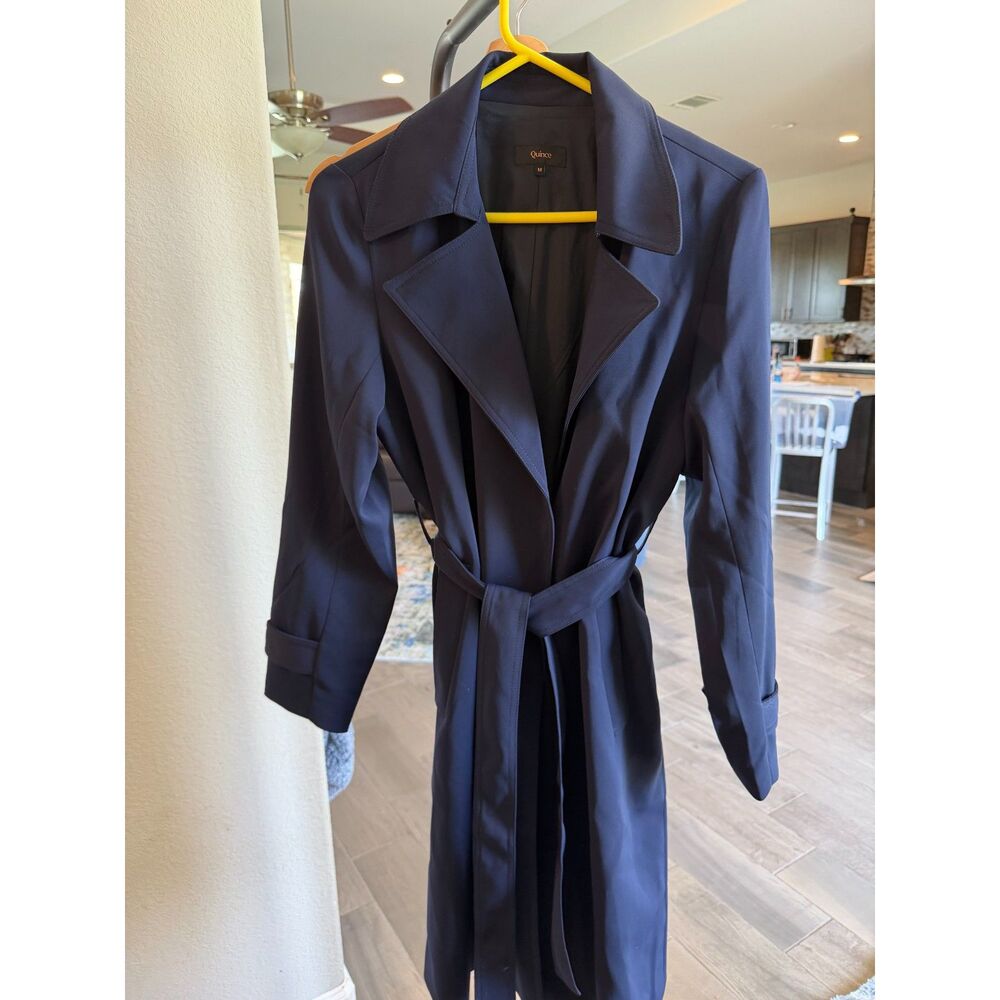 Quince Stretch Crepe Navy Trench Coat with Self Tie Belt M NWOT - Picture 2 of 8